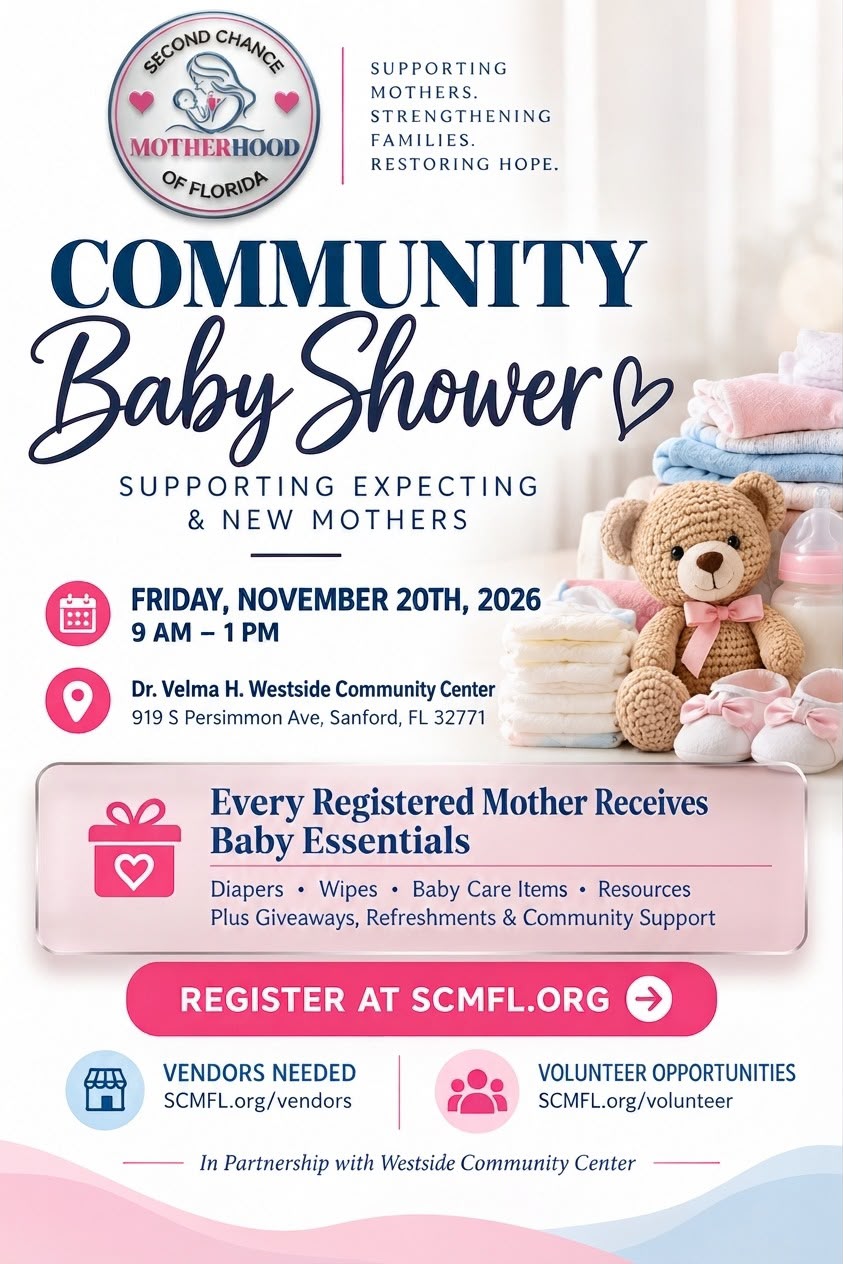 Official flyer for the SCMFL We Can Bearly Wait Community Baby Shower, Friday, November 20, 2026, 9 AM to 1 PM at Dr. Velma H. Westside Community Center, 919 S Persimmon Ave, Sanford, FL